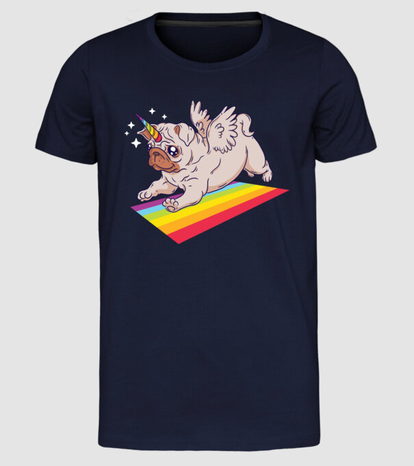 Pugicorn - mops unicorn model albastru închis pe tricou