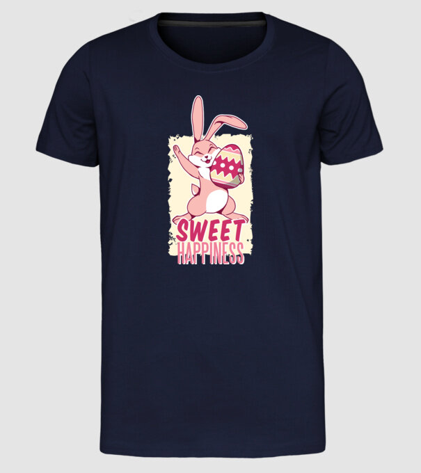 Sweet Happiness pentru Paște tricou cu iepuraș model albastru închis pe tricou