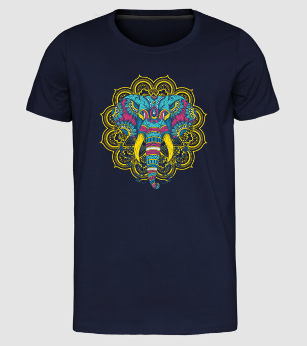 Elefant Mandala Colorat model albastru închis pe tricou
