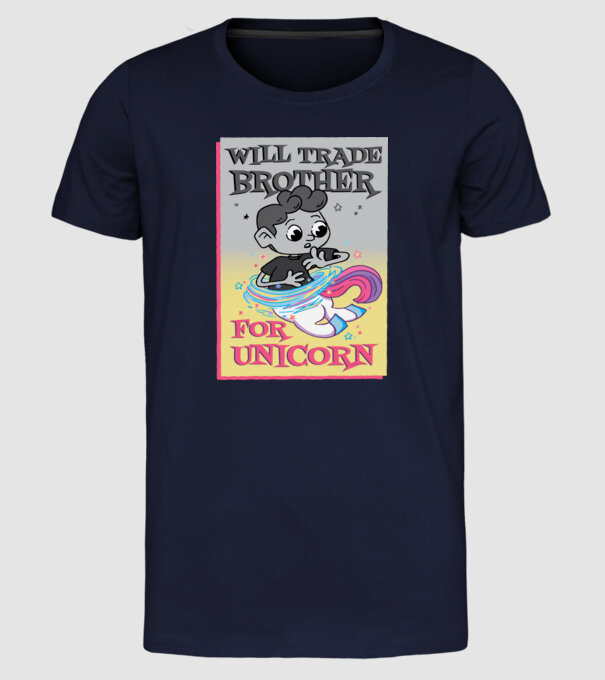 Îl ofer la schimb pe fratele meu pentru un unicorn model albastru închis pe tricou
