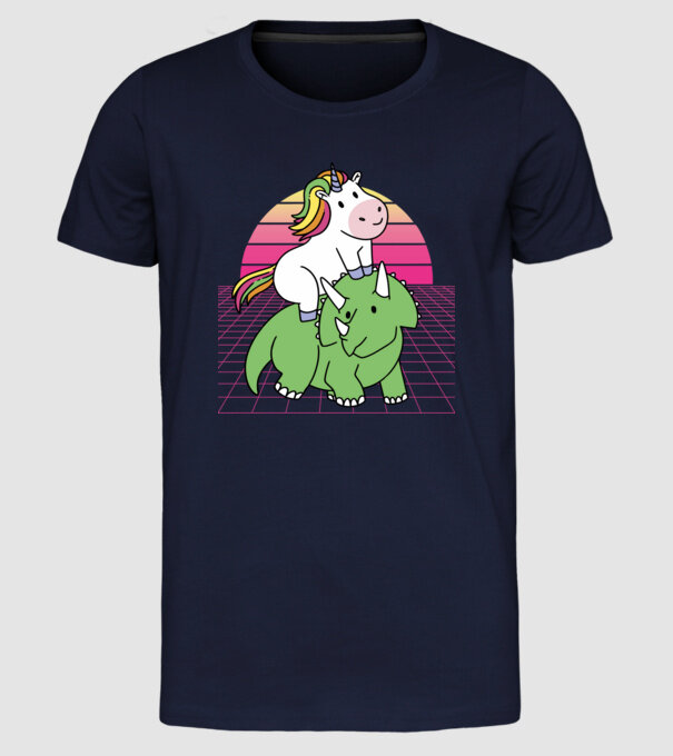 Unicorn pe dinozaur retro model albastru închis pe tricou