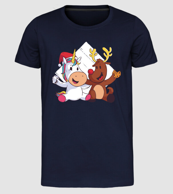 Unicorn și Ren prietenie tricou drăguț de Crăciun model albastru închis pe tricou