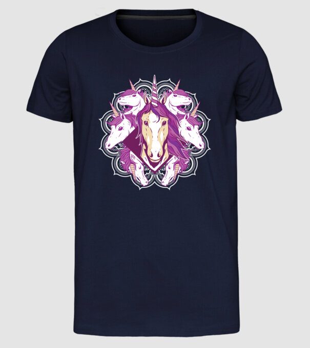 Unicorn Mandala model albastru închis pe tricou