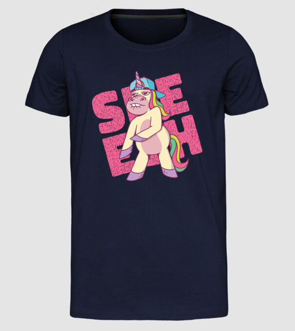 Unicorn Shesh model albastru închis pe tricou