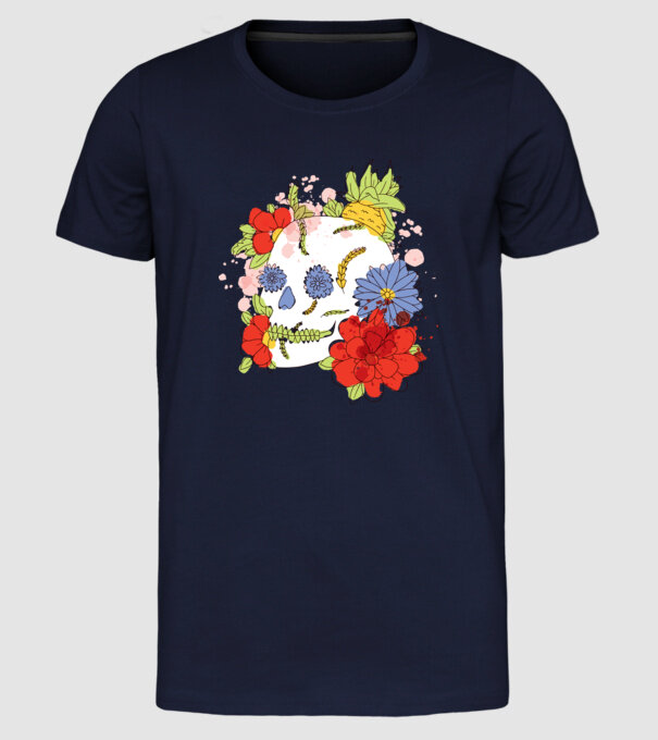 Craniu cu Flori model albastru închis pe tricou