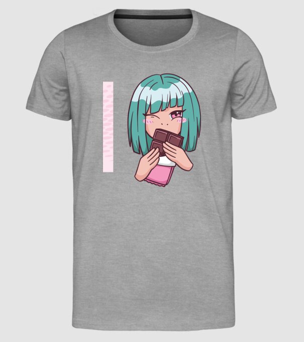 Anime fată cu ciocolată model gri pe tricou