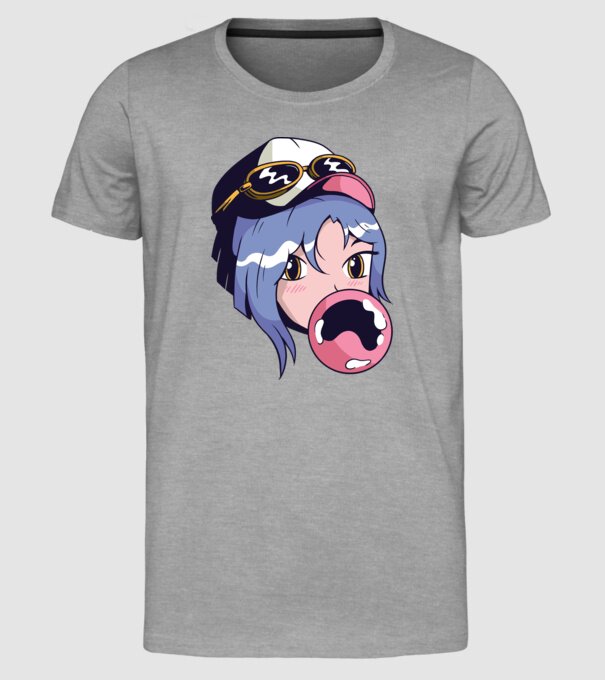 fată Anime cu gumă de mestecat model gri pe tricou