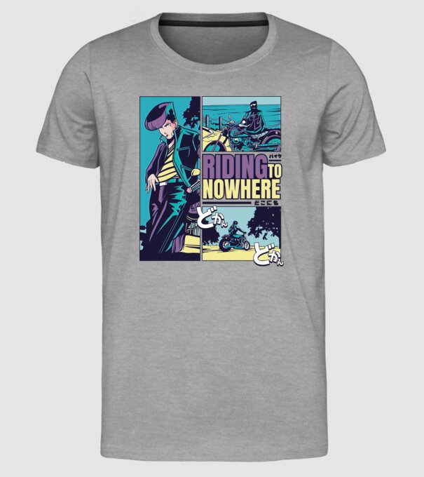 Anime Vaporwave Riding Nowhere model gri pe tricou