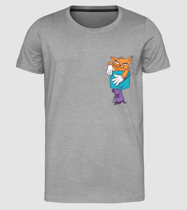 Pisică cu șoarece buzunar model gri pe tricou