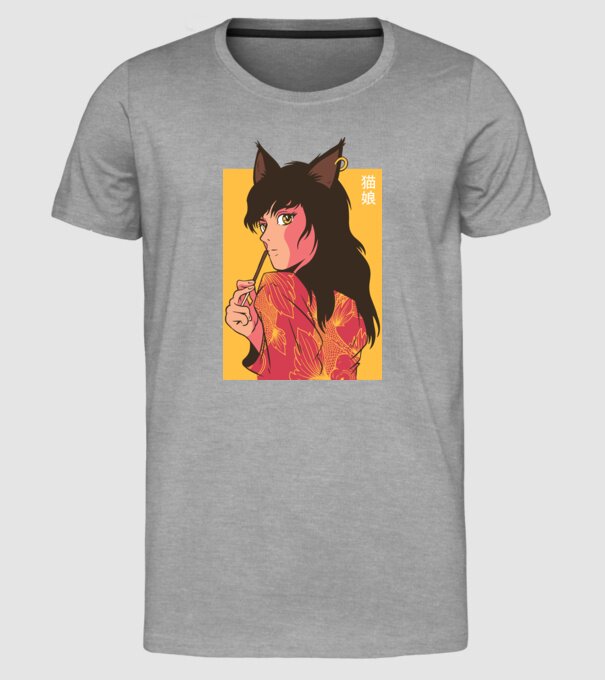 Pisică Fată Anime model gri pe tricou