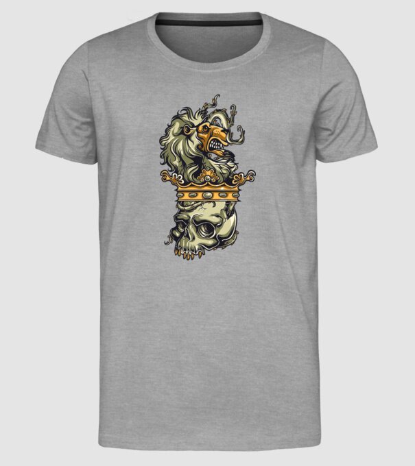 Half Lion Half Skull model gri pe tricou