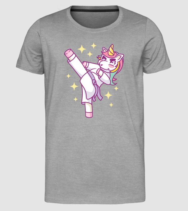 Karate unicorn model gri pe tricou