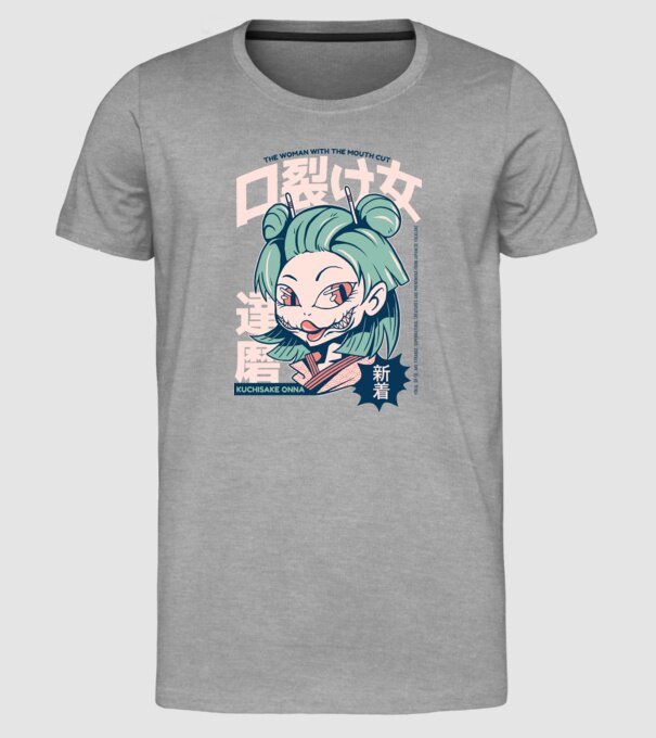 Kuchisake Onna Yokai Anime model gri pe tricou