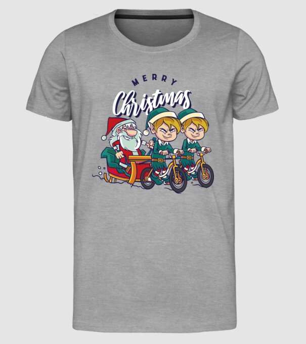 Merry Christmas Moș Crăciun cu sanie cu bicicletă model gri pe tricou
