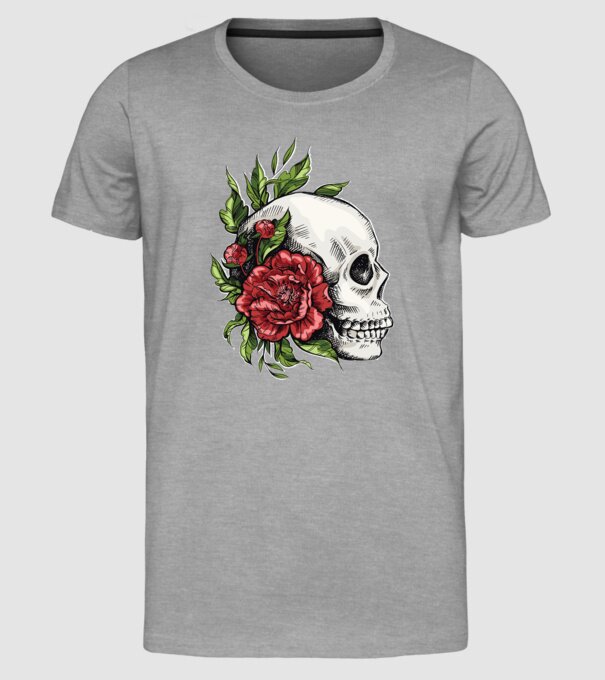 Trandafiri și craniu model gri pe tricou