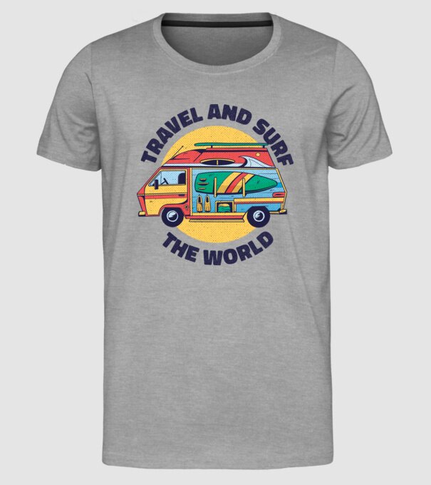 Călătorie și Surf în jurul lumii model gri pe tricou
