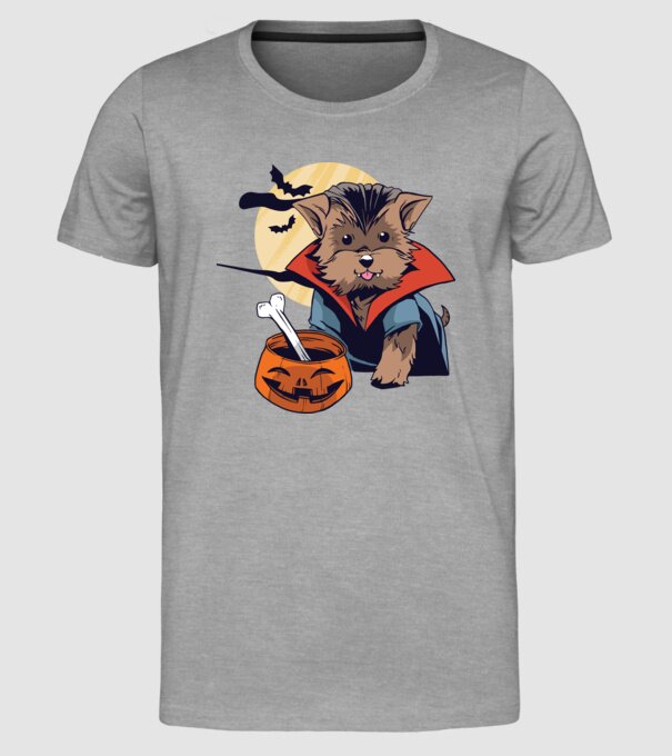 Vampir Yorkie Halloween model gri pe tricou