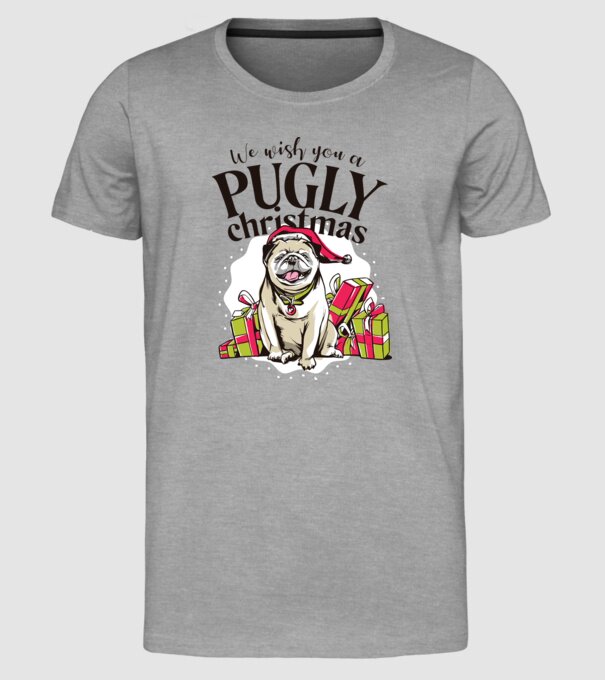 We wish You a Pugly Christmas tricou cu mops model gri pe tricou