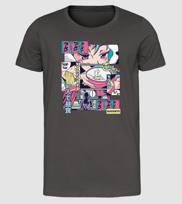 Anime Vaporwave Ramen model gri închis pe tricou