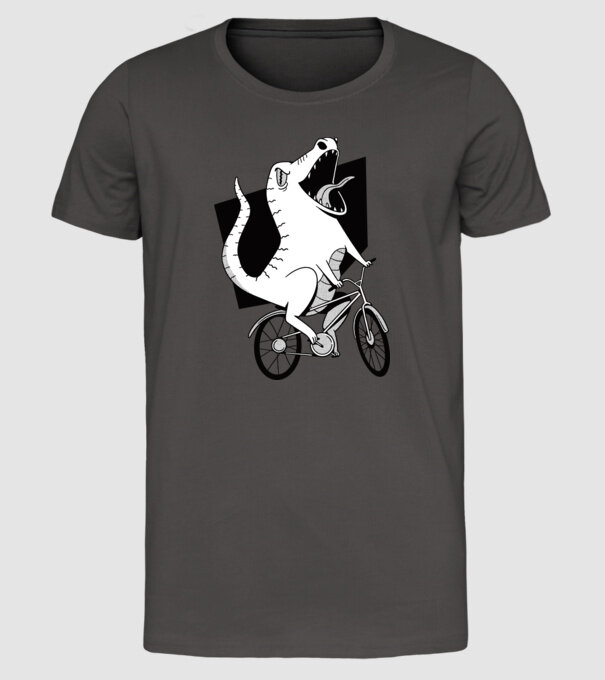 Dinozaur cu bicicletă model gri închis pe tricou