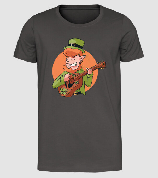 Chitarist Leprechaun irlandez St Patrick model gri închis pe tricou
