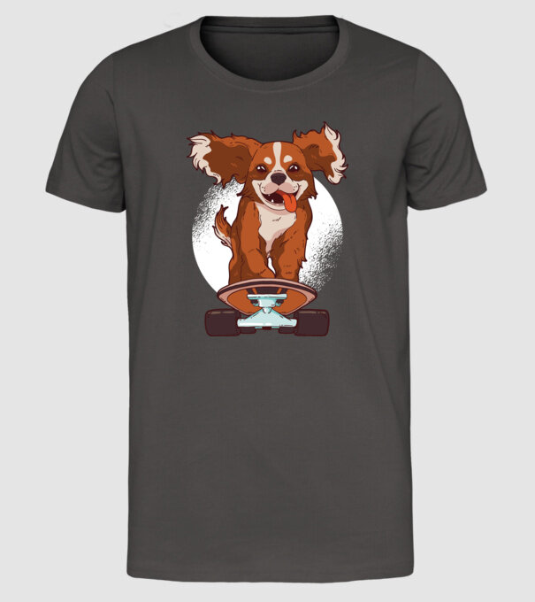 Skateboarding Cavalier King Spaniel model gri închis pe tricou