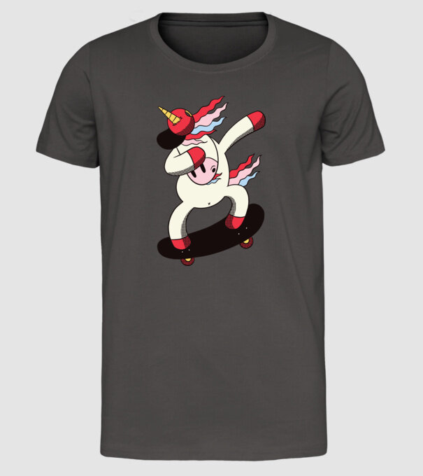Skateboarder Unicorn DAB model gri închis pe tricou