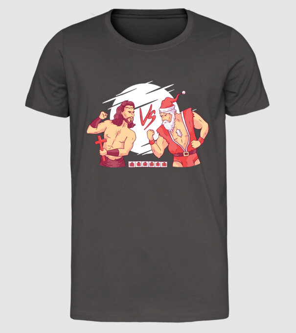 Isus vs Moș Crăciun Street Fighter tricou amuzant Crăciun model gri închis pe tricou
