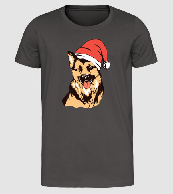 Ciobănesc german în căciulă de Moș Crăciun model gri închis pe tricou
