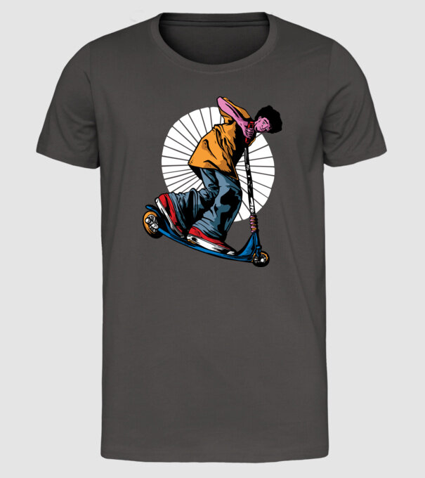 Copil cu trotinetă model gri închis pe tricou