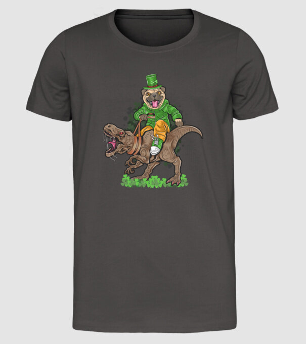Sfântul Patrick Mops dinozaur model gri închis pe tricou