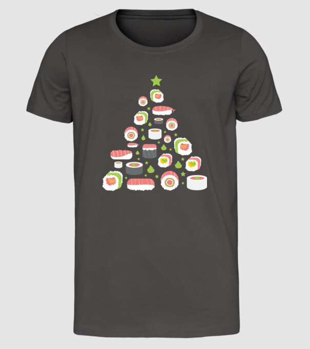 Pom de Crăciun Sushi model gri închis pe tricou