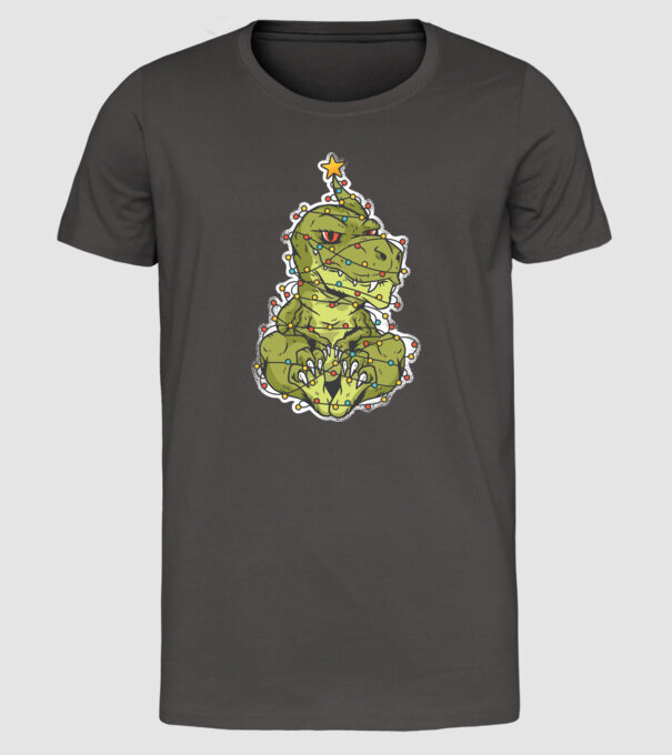 Dinozaur T-rex Pom de Crăciun tricou model gri închis pe tricou