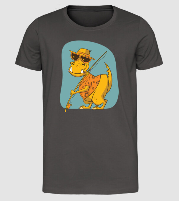 T-rex Pescar model gri închis pe tricou