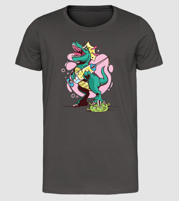 T-rex Vaccin model gri închis pe tricou