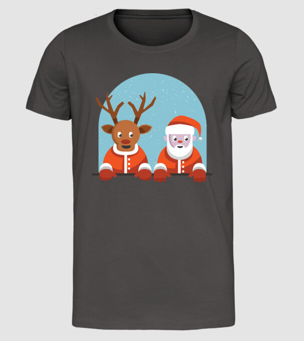 Moș Crăciun și Ren tricou de Crăciun T-shirt model gri închis pe tricou