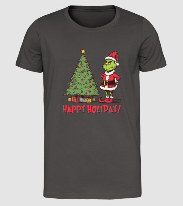 Happy Holiday Grinch model gri închis pe tricou