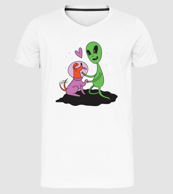 Alien cu câine model alb pe tricou