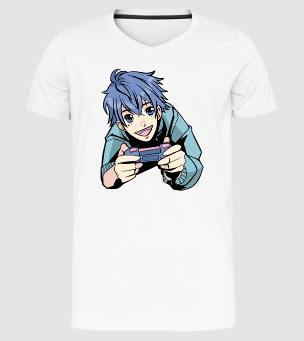 Anime băiat Gamer model alb pe tricou