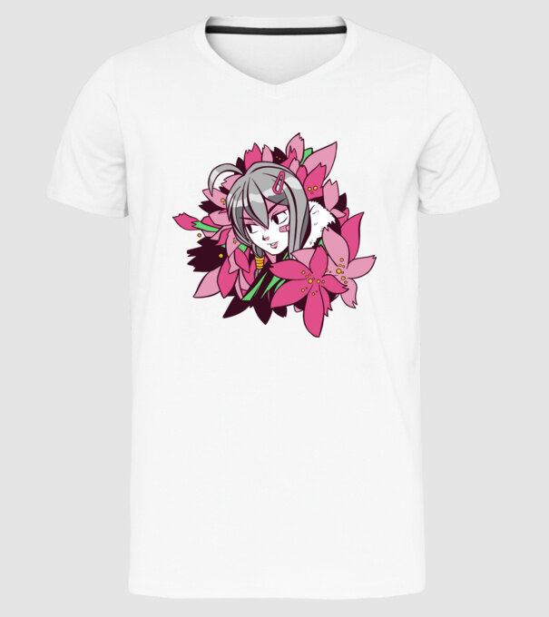 Anime fată printre flori model alb pe tricou