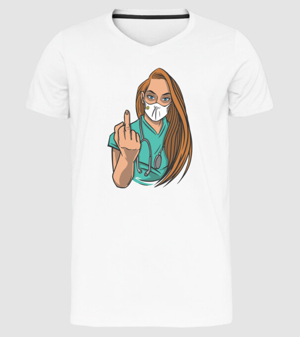 Asistentă medicală arată degetul model alb pe tricou