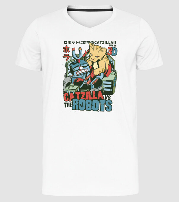 Catzilla Vs Robots model alb pe tricou