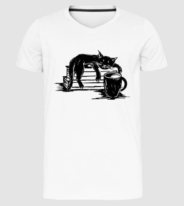 Pisică și cafea model alb pe tricou