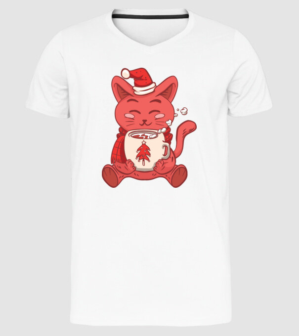 Pisică cu ciocolată caldă model alb pe tricou