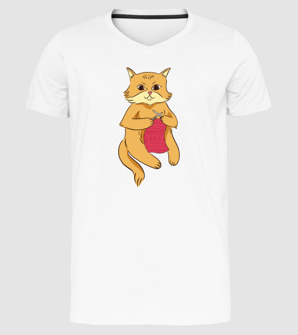 Pisică croșetând model alb pe tricou