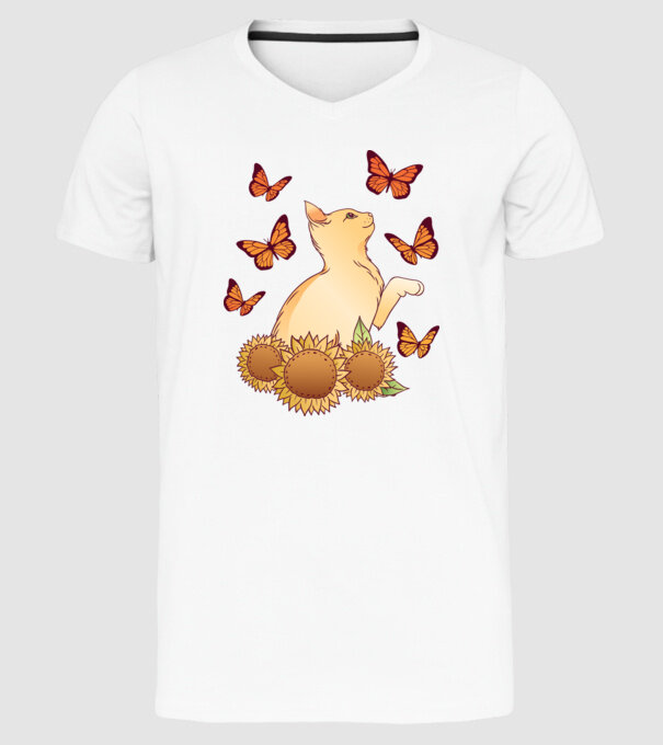 Pisică cu fluturi model alb pe tricou