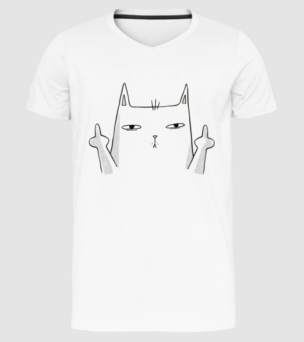 Pisică desen arată degetul model alb pe tricou
