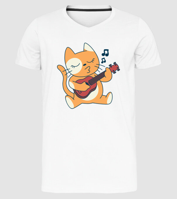 Pisică chitară Ukulele model alb pe tricou