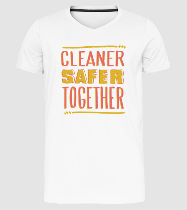 Cleaner Safer Together model alb pe tricou
