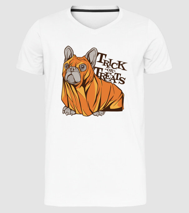 Trick or Treat Mops Halloween model alb pe tricou